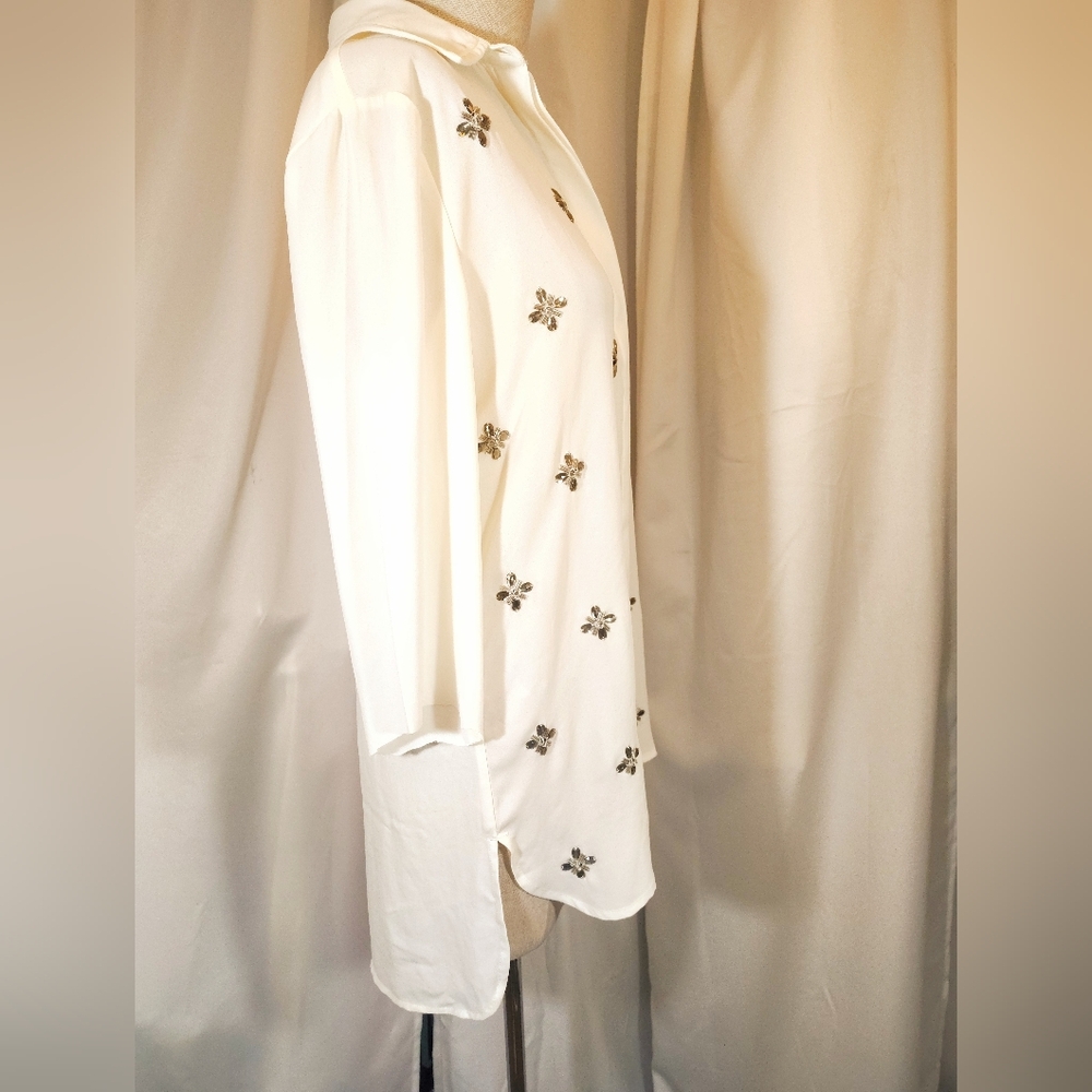Chico's ButtonUp Blouse, Jeweled Butterflies Collar, 1/2 Sleeve, Ivory, S - Picture 4 of 14